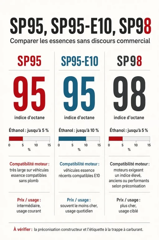 Comparatif SP95, SP95-E10 et SP98 sous forme de visuel éditorial