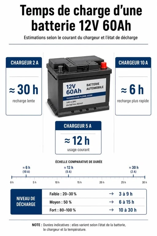 Temps de charge batterie voiture 12v 60ah selon l’ampérage du chargeur