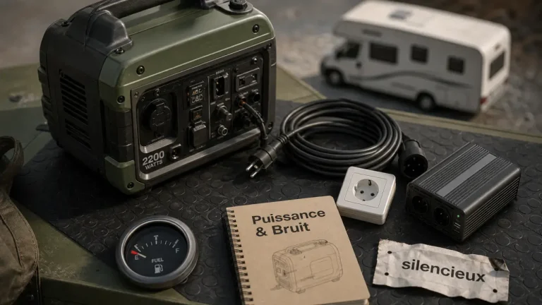 Puissance, inverter, bruit réduit : quel groupe électrogène silencieux choisir pour un camping-car ? Groupe électrogène silencieux pour camping car, puissance inverter et bruit réduit, vue à plat sur tapis
