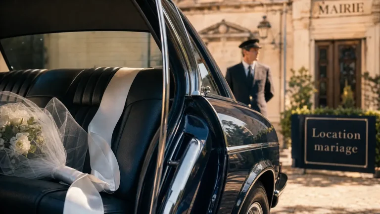 Location voiture mariage : le bon véhicule, avec ou sans chauffeur, et les garanties à vérifier Location voiture mariage : berline premium devant mairie avec ruban satin