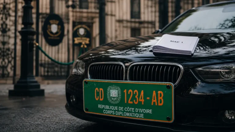Plaque verte sur une voiture : fond vert, chiffres pays et codes CMD/CD/C/K Plaque vert voiture avec chiffres pays et codes CMD