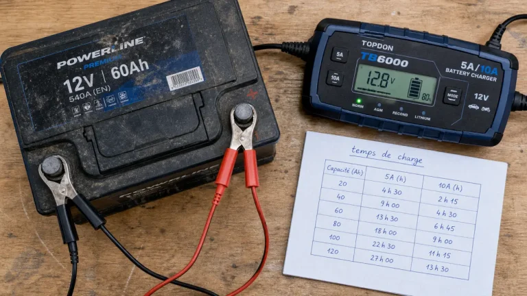 temps de charge batterie voiture 12V 60Ah avec charge 10A, 6 à 8 heures