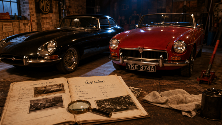 Voiture anglaise : entre prestige, passion et défis de restauration Voiture anglaise en garage : Jaguar Type E noire et MG B rouge