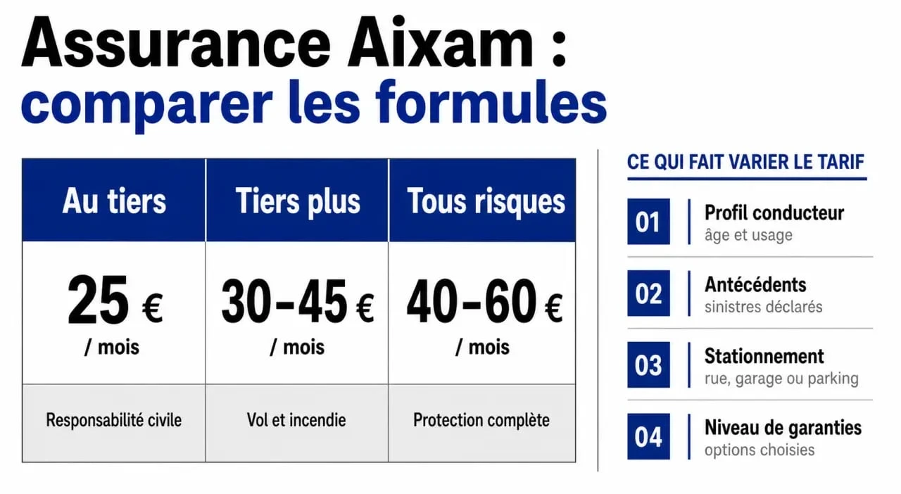 Prix assurance voiture sans permis Aixam : tableau comparatif des formules au tiers, tiers plus et tous risques