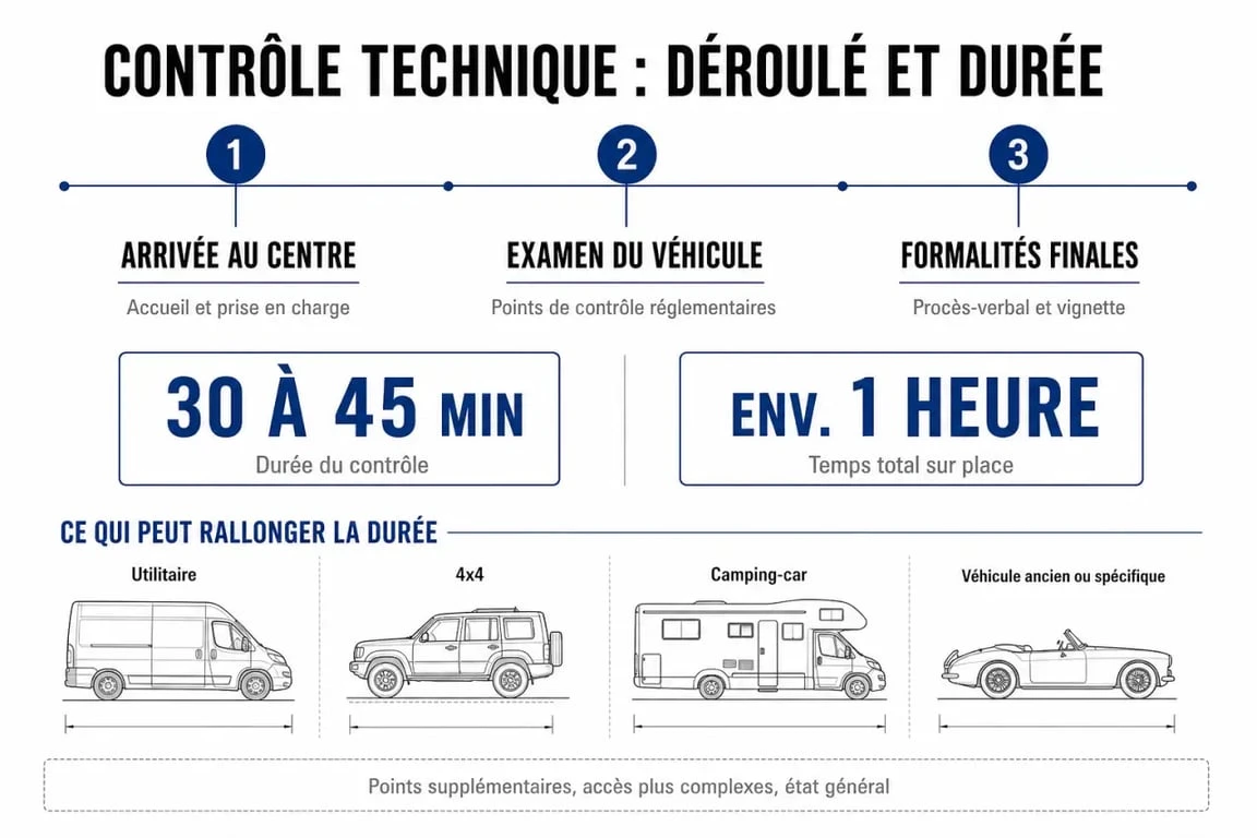 Durée controle technique : visualisation des temps moyens selon le type de véhicule et du temps total à prévoir