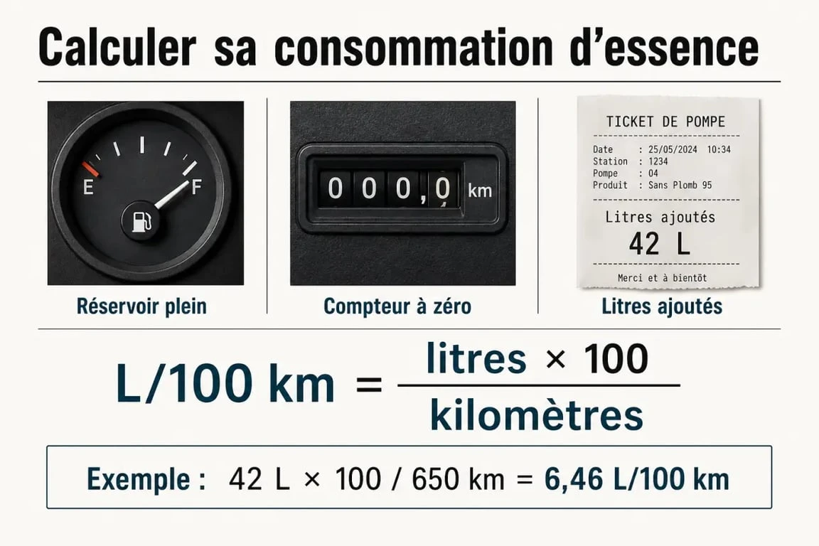 Calcul consommation essence du plein au plein avec formule L/100 km