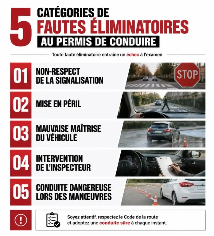 Infographie des 5 familles de fautes éliminatoires au permis de conduire