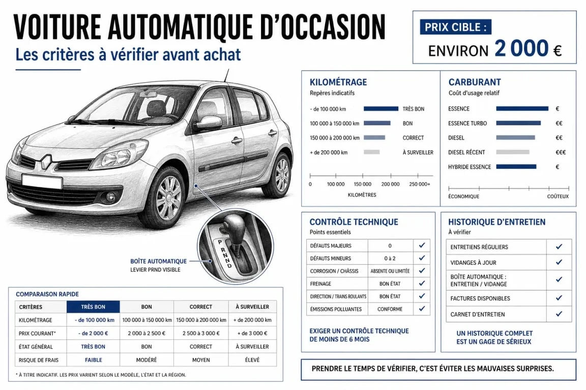 Voiture occasion boîte automatique 2000 euros : comparaison visuelle des critères à vérifier avant achat