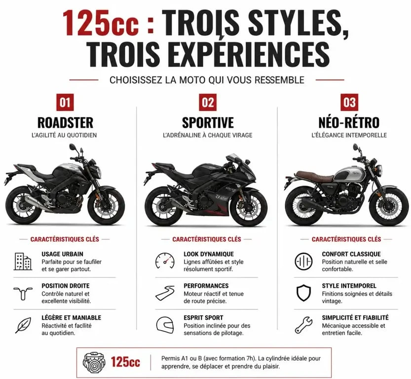 Comparatif des types de motos 125cc pour le permis A1 : roadster, sportive et néo-rétro