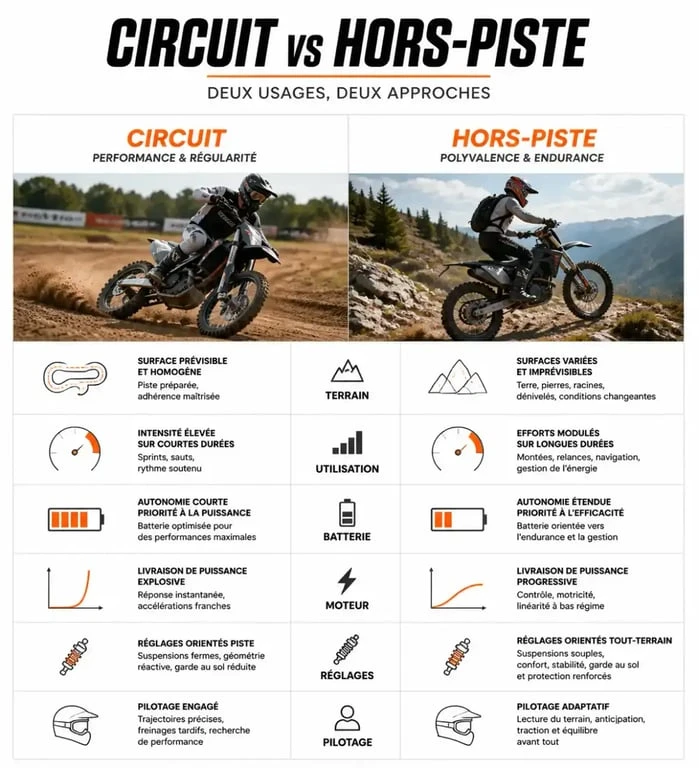 Comparatif des usages d'une motocross électrique : circuit vs randonnée off-road