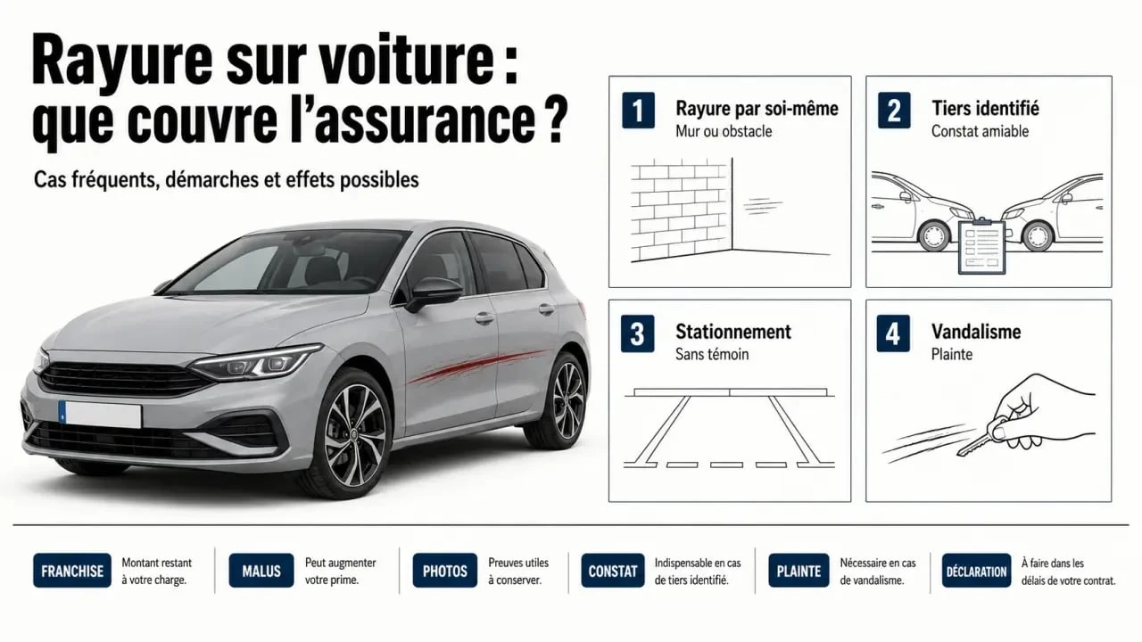 Assurance rayure voiture : schéma comparatif des cas de prise en charge, franchise et démarches