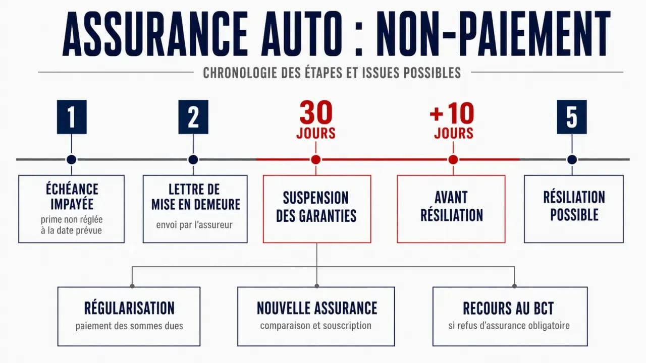 Assurance auto non paiement : frise des délais de suspension et résiliation