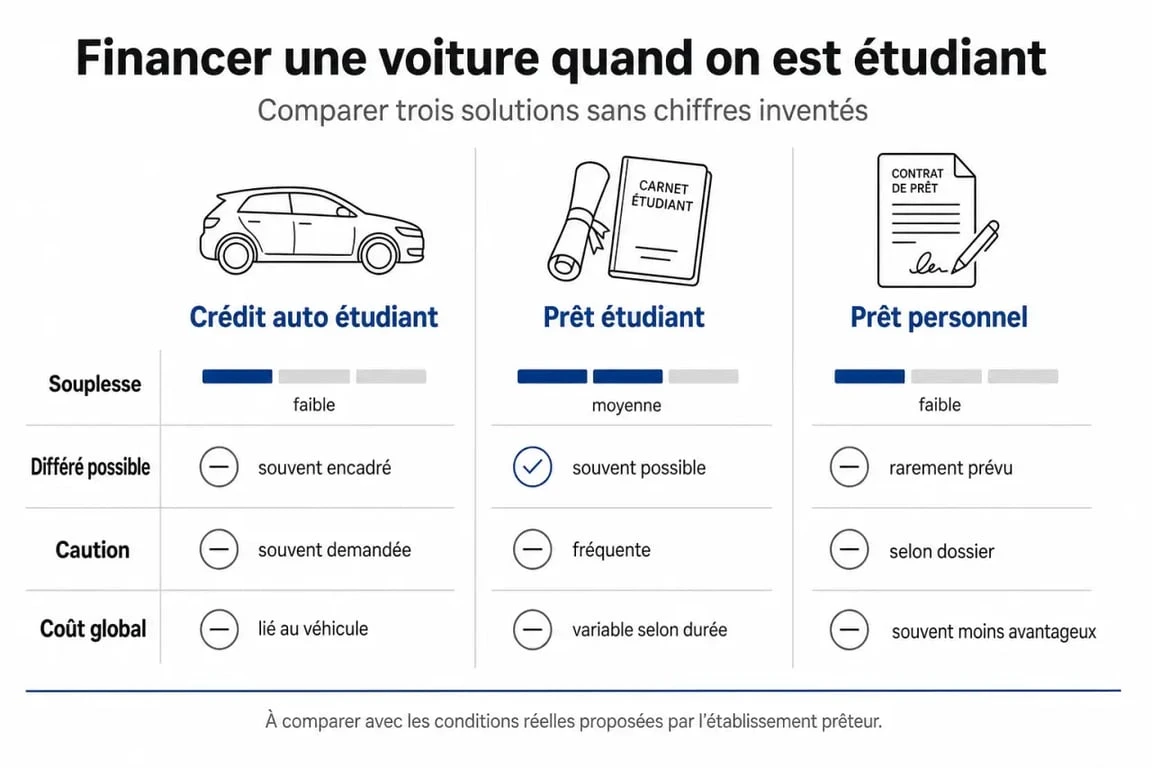 Crédit auto étudiant : comparaison visuelle entre crédit auto étudiant, prêt étudiant et prêt personnel