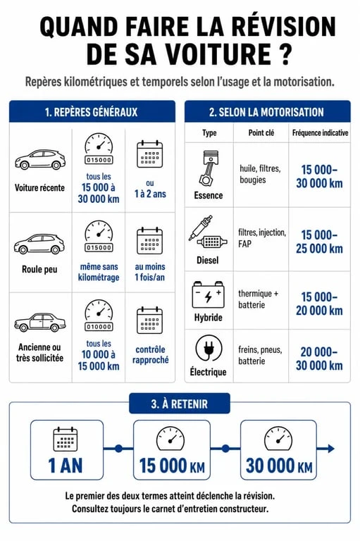 Quand faire revision voiture : infographie des intervalles selon kilométrage, âge et motorisation