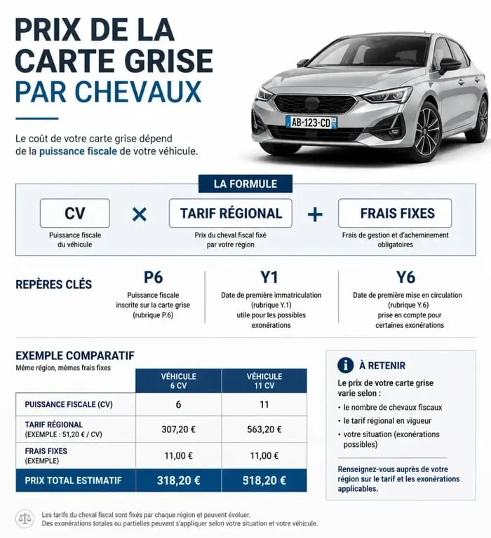 Prix carte grise par chevaux expliqué avec formule, chevaux fiscaux, taxe régionale et frais fixes