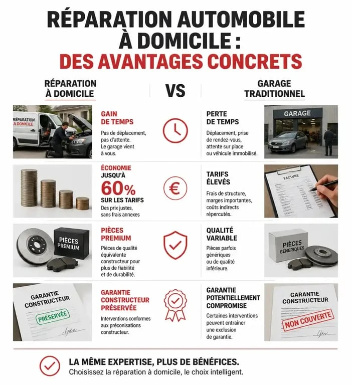 Infographie comparative des avantages de la réparation voiture à domicile : gain de temps, économies et qualité.