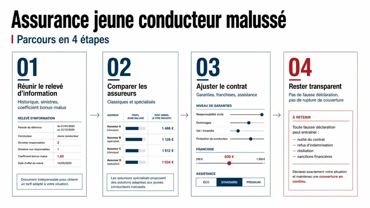 Assurance jeune conducteur malussé : schéma éditorial des étapes pour comparer les devis, choisir les garanties et éviter les erreurs