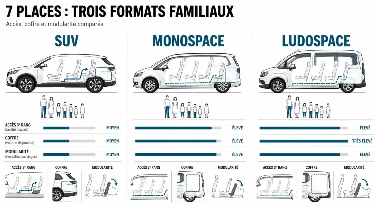 Voiture familiale 7 places : comparaison visuelle des formats SUV, monospace et ludospace