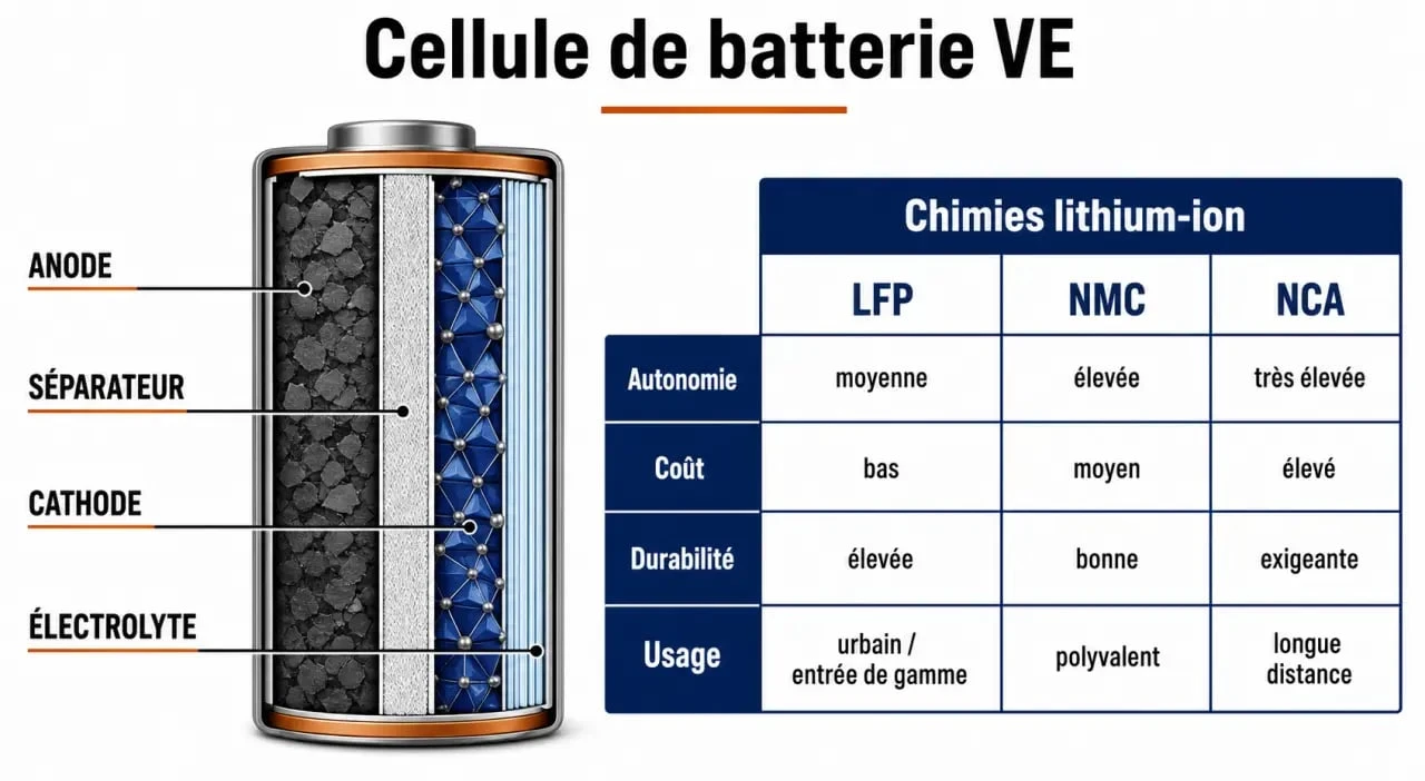 Batterie véhicule électrique : schéma éditorial de cellule et comparatif LFP, NMC, NCA