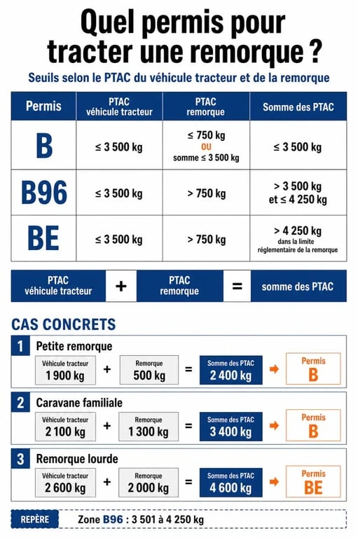 Infographie du permis e remorque avec les seuils PTAC pour B, B96 et BE