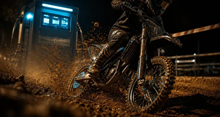 Motocross electrique sur piste terreuse humide, pilote en action