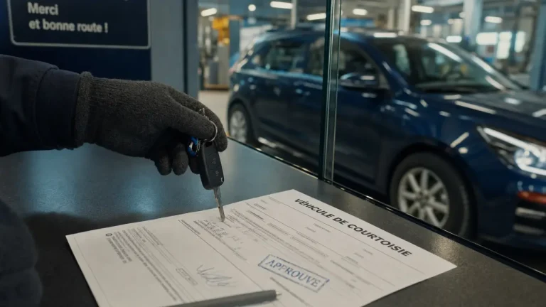 Véhicule de courtoisie prêt à usage gratuit : clés de voiture et prêt au garage