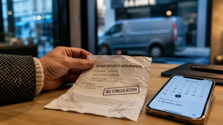 Assurance RC circulation : que couvre-t-elle, qui est concerné et où s’arrête-t-elle ? Assurance rc circulation : attestation sur bureau, utilitaire en arrière-plan