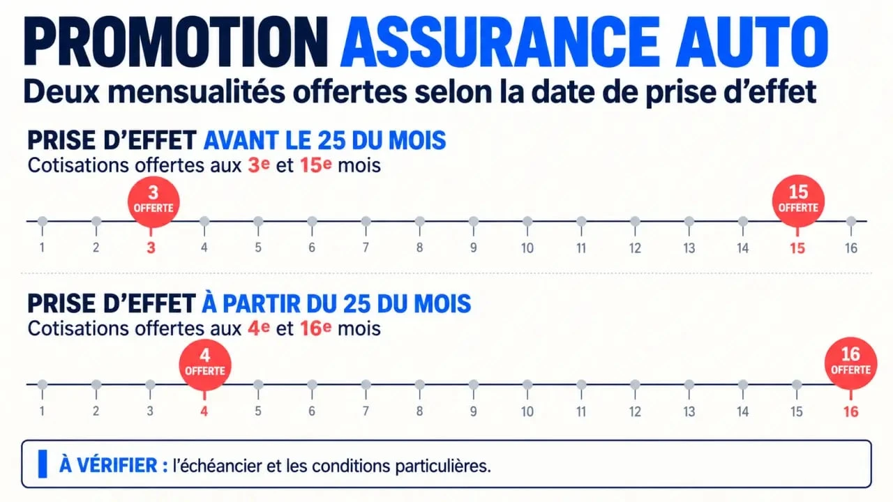 Infographie sur l’offre 2 mois assurance auto offert et le calendrier des mensualités gratuites