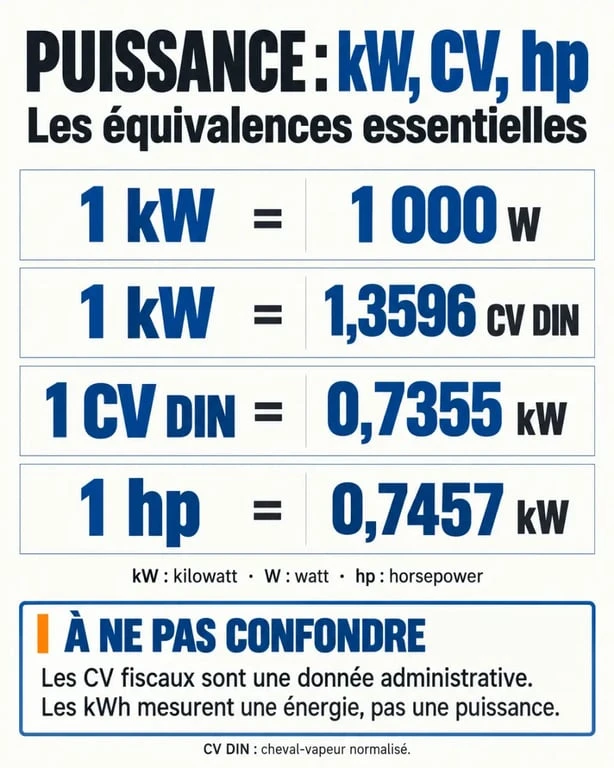 Infographie de conversion puissance kW CV entre kW, W, CV DIN, hp, CV fiscaux et kWh