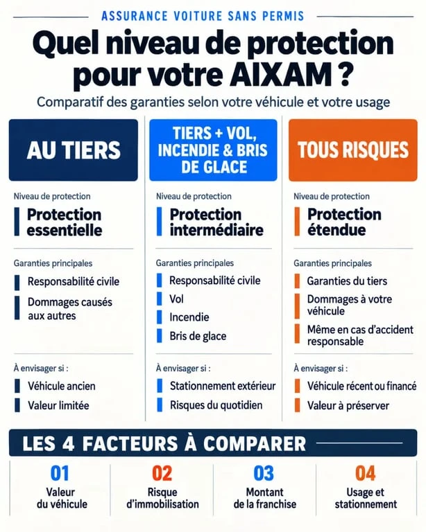Infographie des formules d’assurance AIXAM au tiers, intermédiaire et tous risques