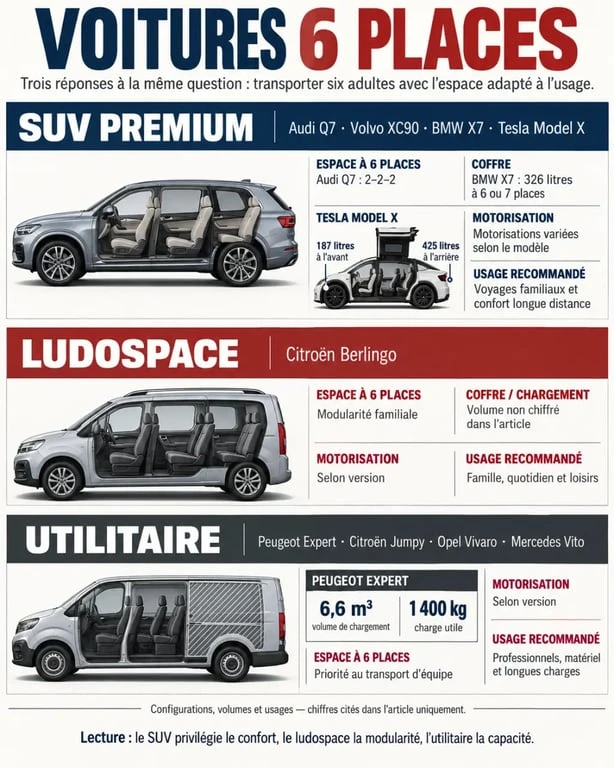 Infographie comparative des principales voitures 6 places selon le coffre, la motorisation et l’usage