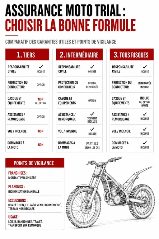 Infographie comparative de l'assurance moto trial avec les formules tiers, intermédiaire et tous risques