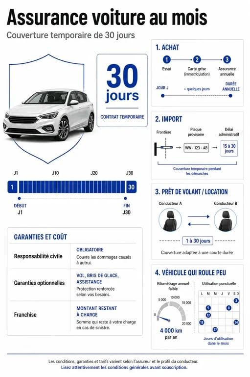 Infographie sur l’assurance voiture au mois, avec comparatif des usages et des garanties