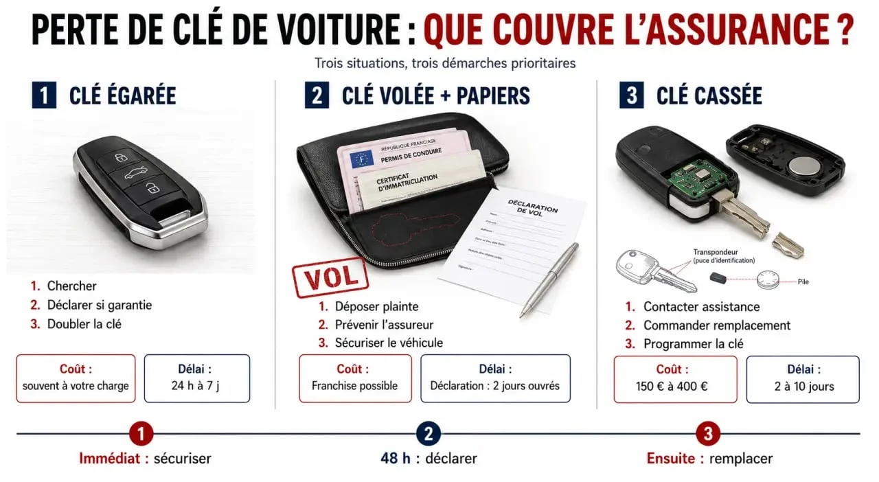 Perte de cle voiture et assurance : comparaison visuelle des démarches, garanties et coûts