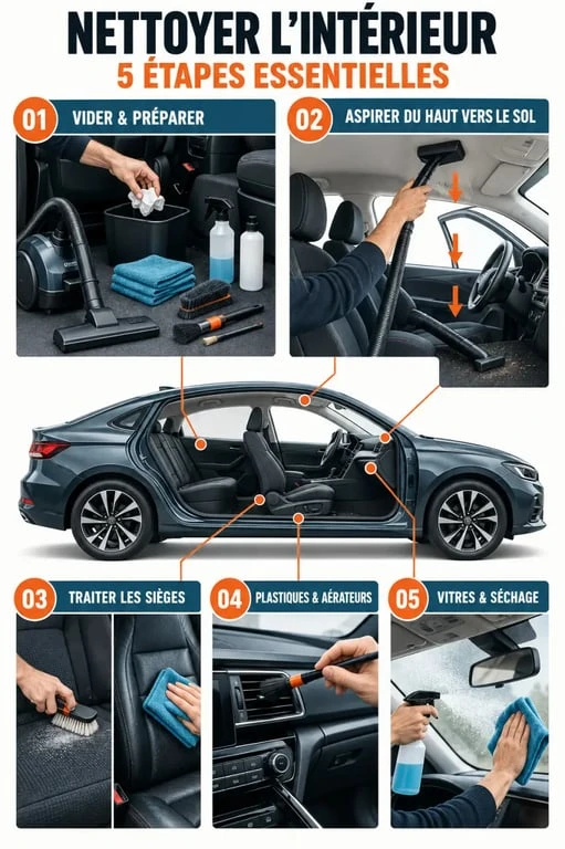 Illustration des étapes pour nettoyer une voiture interieur, des sièges aux vitres