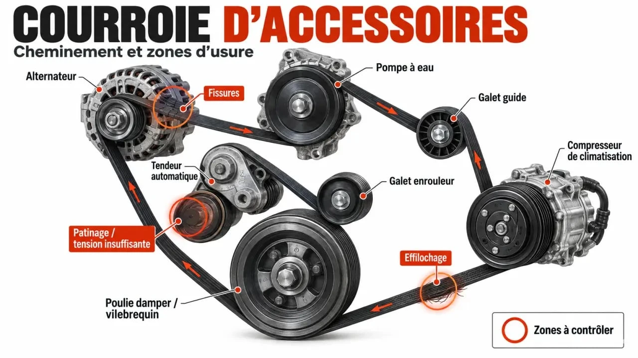 Quand changer courroie accessoire : schéma du cheminement autour des galets, du tendeur et de l'alternateur