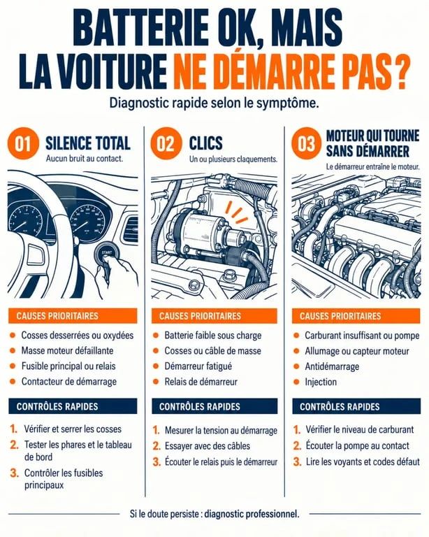 Infographie pour comprendre pourquoi une voiture ne démarre pas mais batterie ok selon le bruit et les symptômes