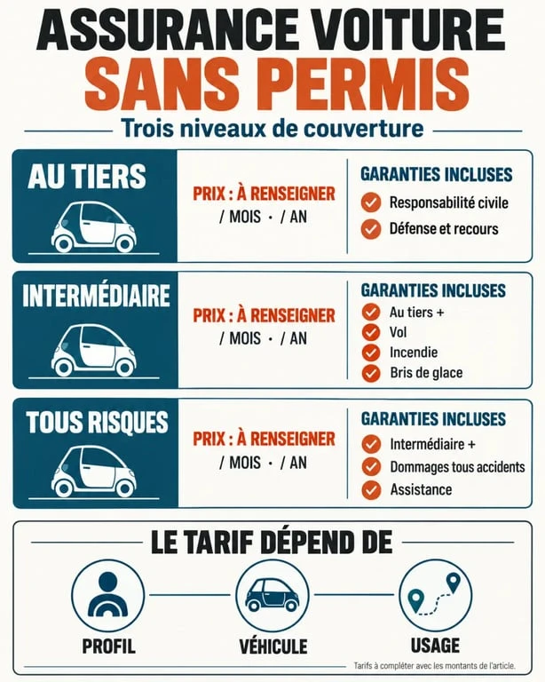 Infographie sur le tarif d’une assurance voiture sans permis selon la formule choisie
