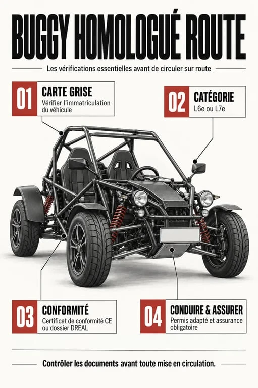 Infographie sur les vérifications d’un buggy homologué route avant l’achat