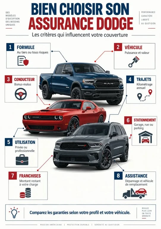 Infographie sur les critères de choix d'une assurance Dodge selon le modèle, l'usage et le profil du conducteur