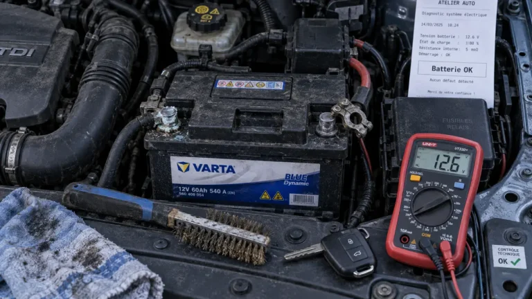 Voiture ne démarre pas mais batterie ok : batterie 12 V et cosse oxydée, atelier
