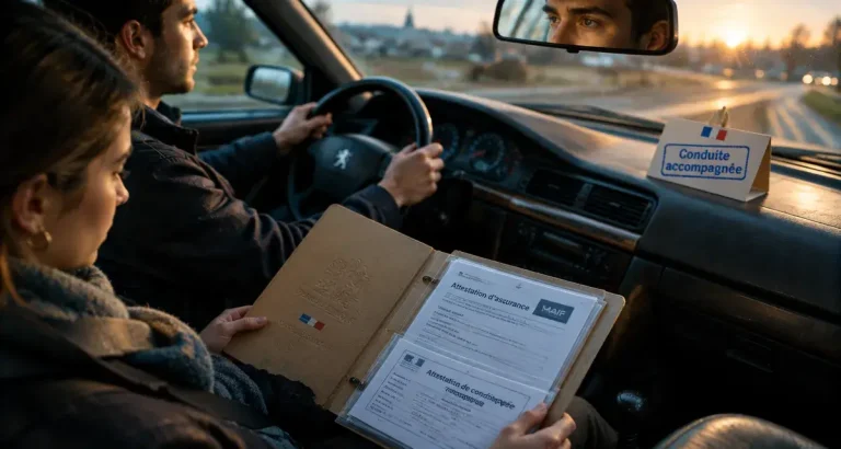 Accompagnateur en conduite accompagnée : permis de 5 ans, assurance et pièges à connaître avant de dire oui Accompagnateur conduite accompagnée avec documents d’assurance en voiture