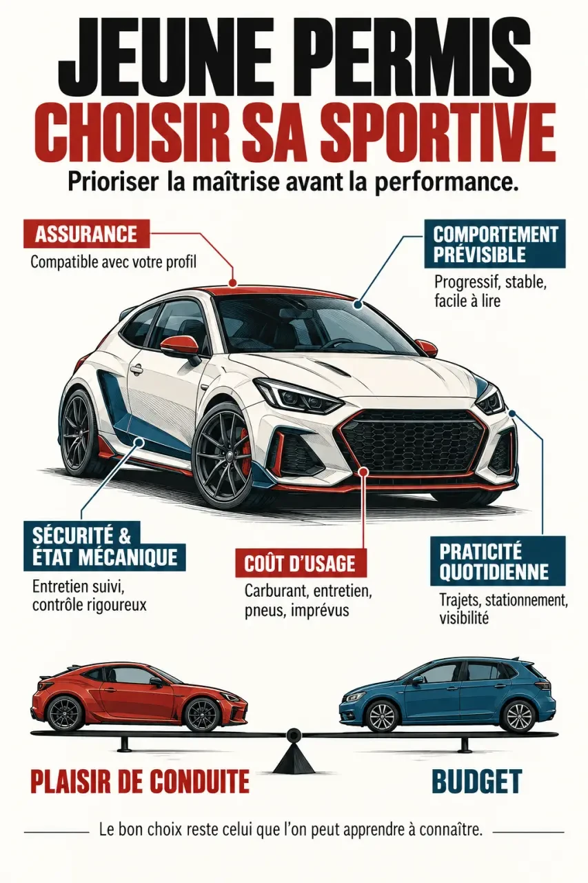 Infographie sur le choix d'une voiture sportive jeune permis selon l'assurance, la sécurité et le budget