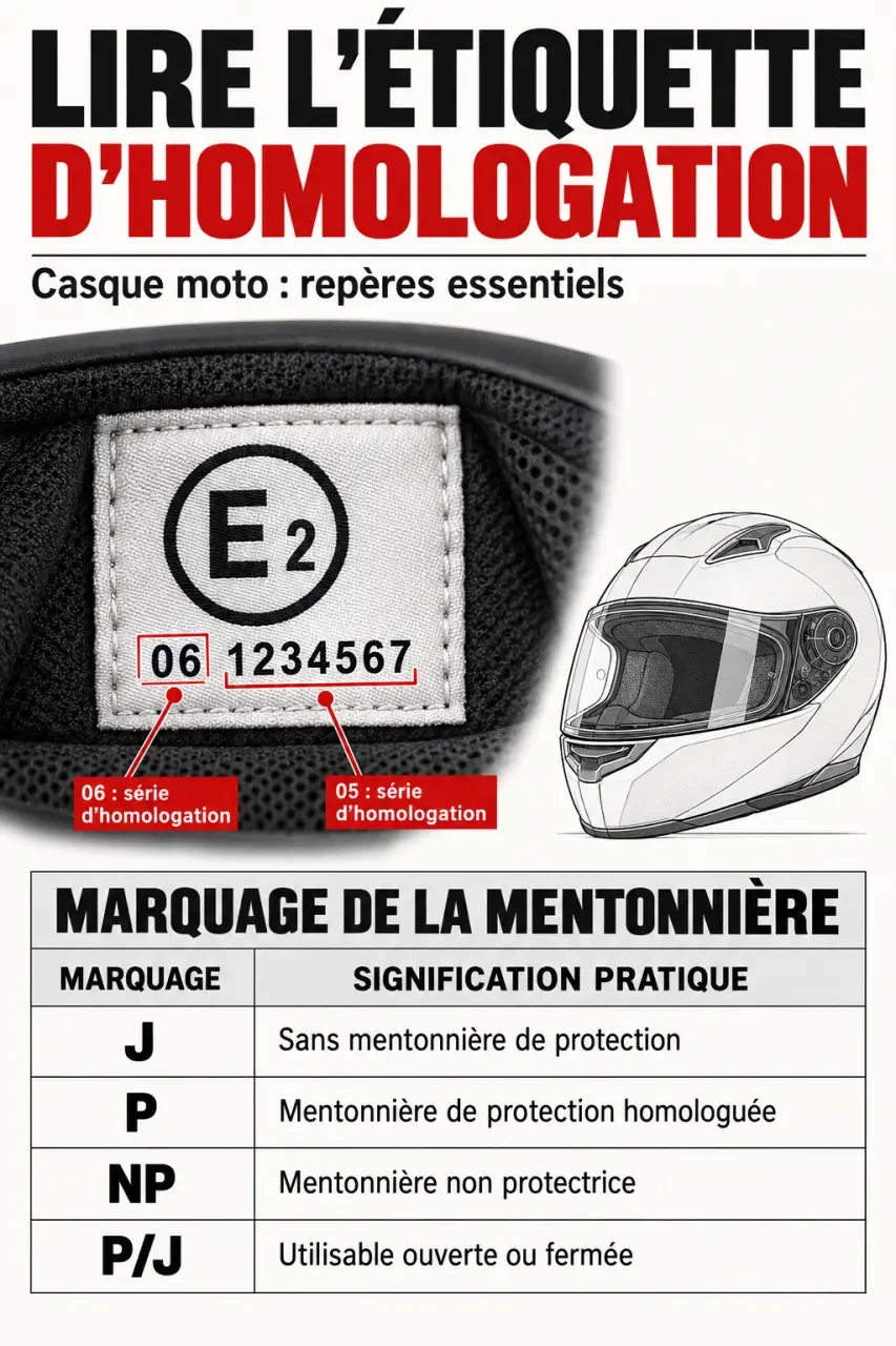 Infographie sur l’homologation casque moto et les marquages E, J, P, NP et P/J