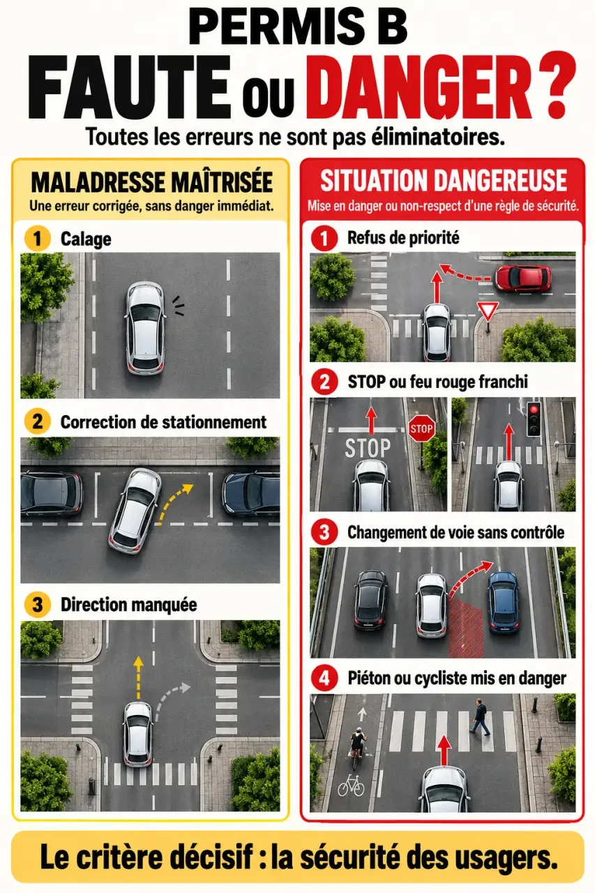 Infographie sur les fautes éliminatoires au permis B et la différence entre maladresse et danger