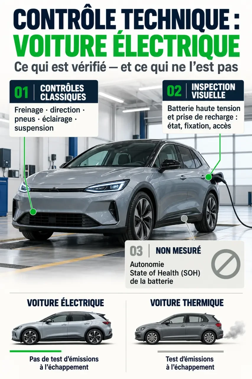 Infographie sur le contrôle technique voiture électrique et les vérifications de la batterie