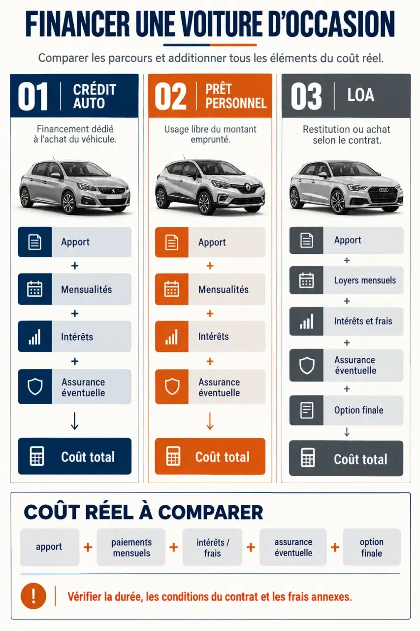 Infographie sur le véhicule d’occasion paiement en plusieurs fois et les éléments du coût total