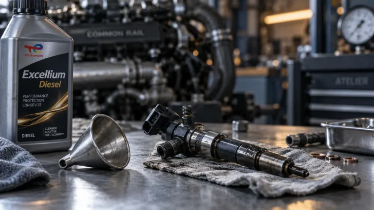 Excellium Diesel nettoie les injecteurs, mais peut révéler un filtre à carburant fatigué Excellium diesel : injecteur diesel démonté, sur établi