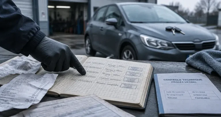 Une voiture d’occasion fiable se choisit sur son historique, pas sur son kilométrage Voiture occasion fiable : carnet d’entretien et factures, mains pointant une date